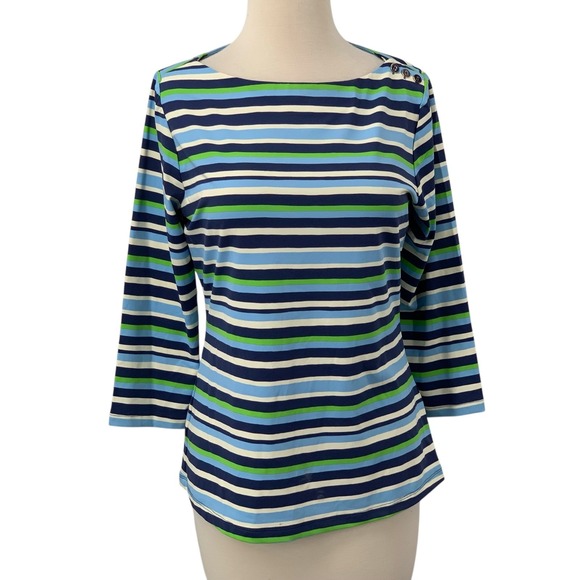 J.McLaughlin Striped Top Blue Green Catalina Cloth Beach Coastal Resort Size M - Picture 1 of 8